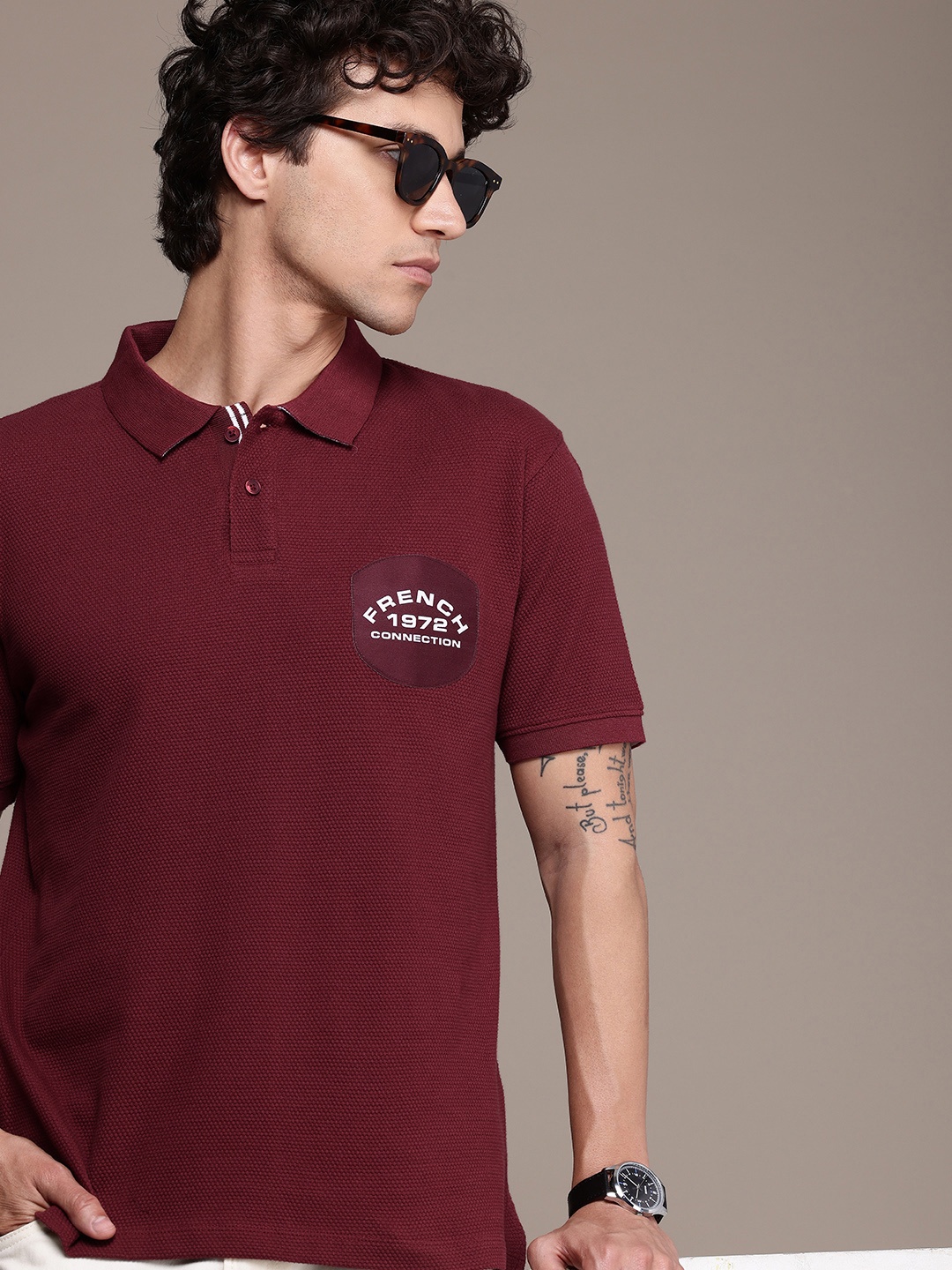 

French Connection Textured Polo Collar Applique Pure Cotton T-shirt, Maroon