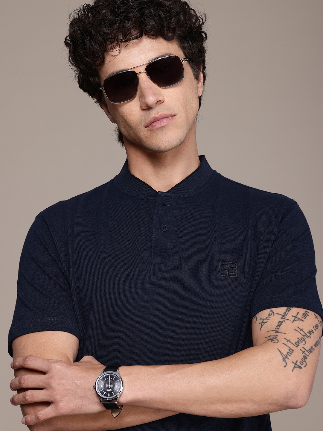 

French Connection Mandarin Collar Pure Cotton T-shirt, Navy blue