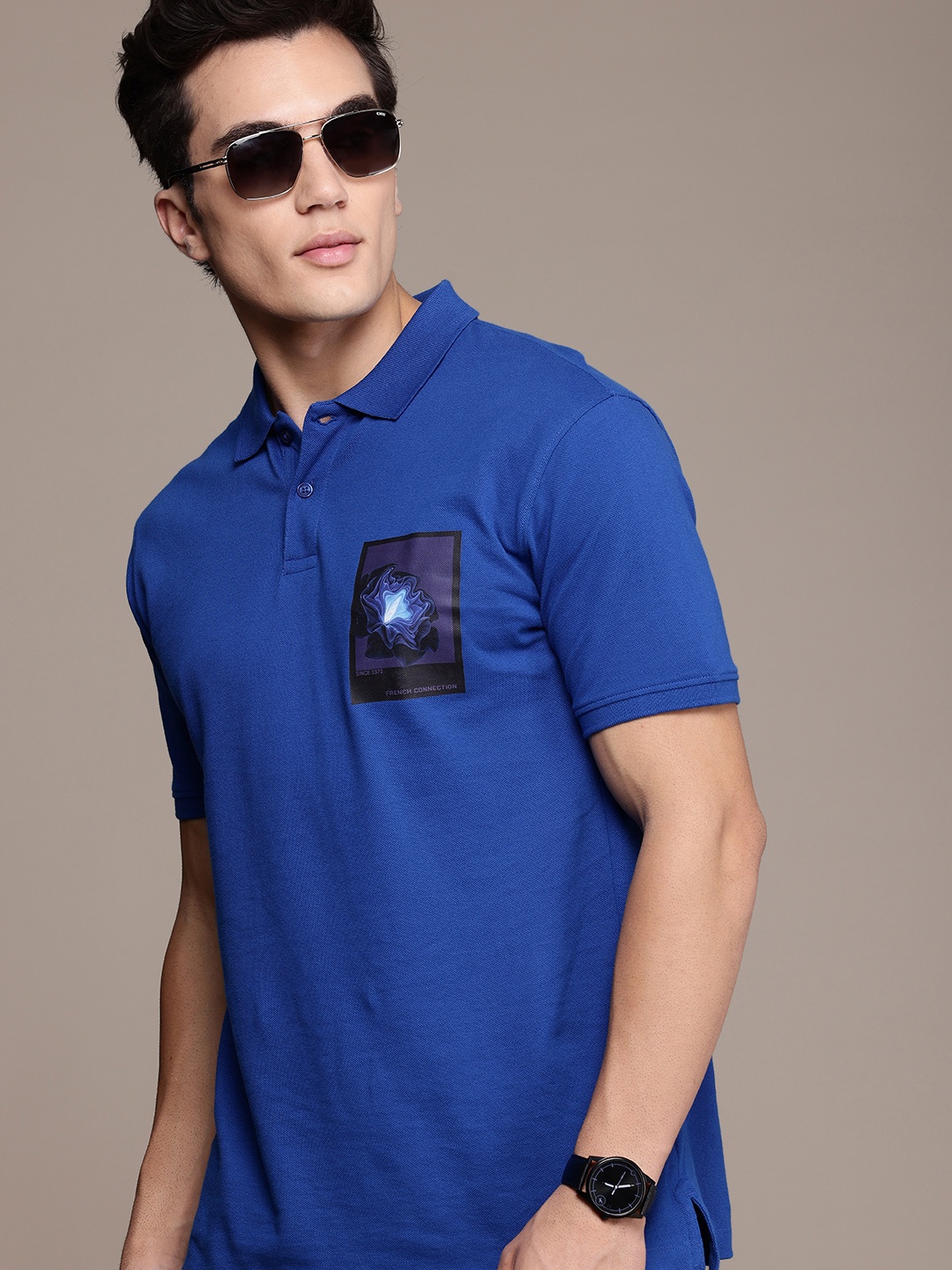 

French Connection Polo Collar Pure Cotton T-shirt, Blue