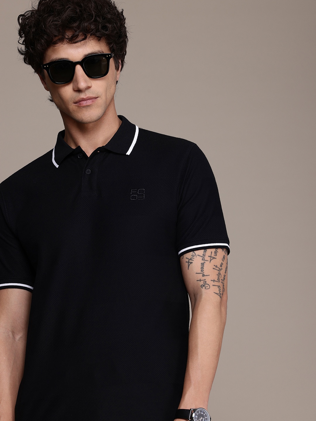 

French Connection Textured Polo Collar Pure Cotton T-shirt, Black