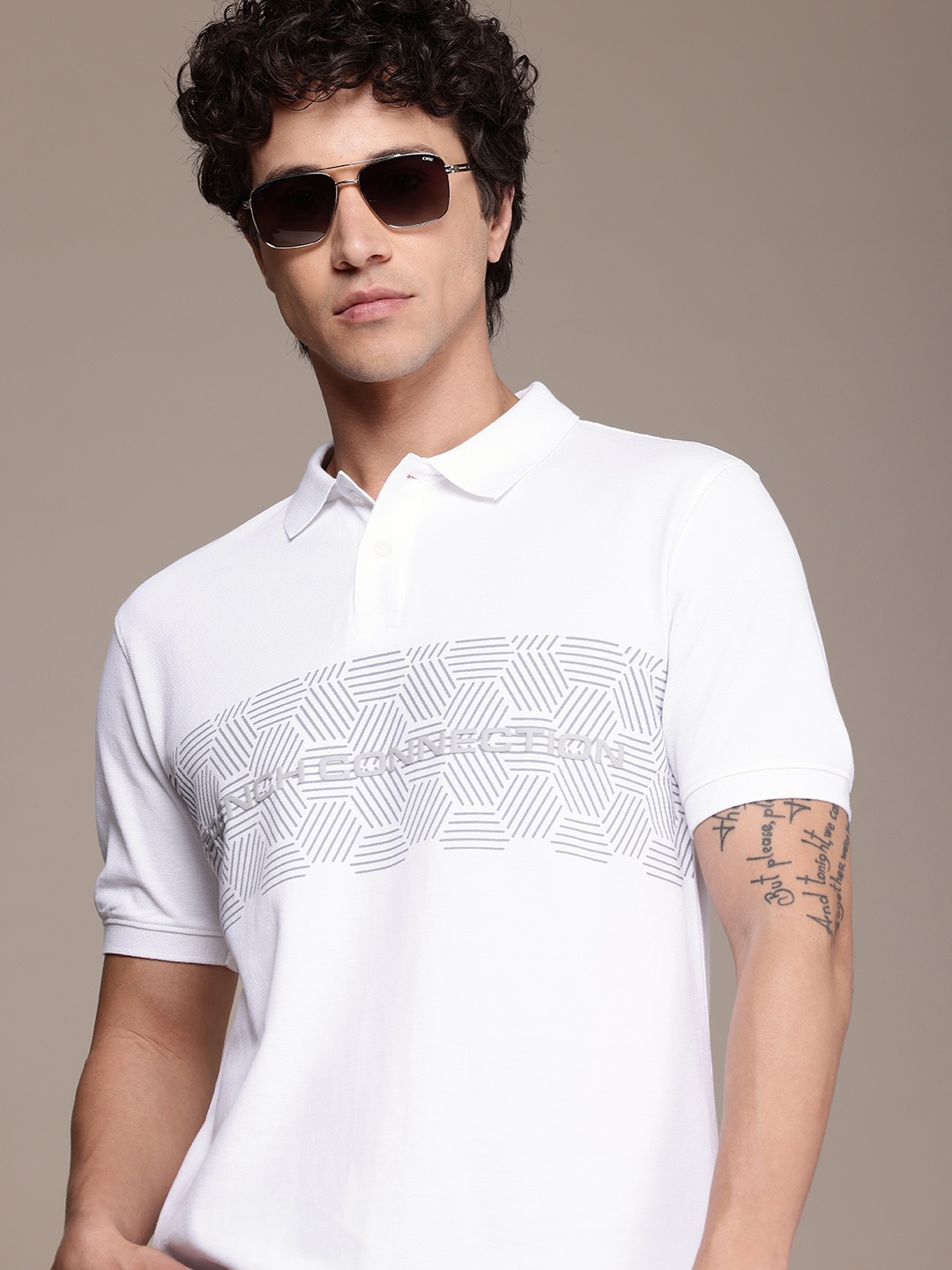 

French Connection Brand Logo Printed Polo Collar Pure Cotton T-shirt, White