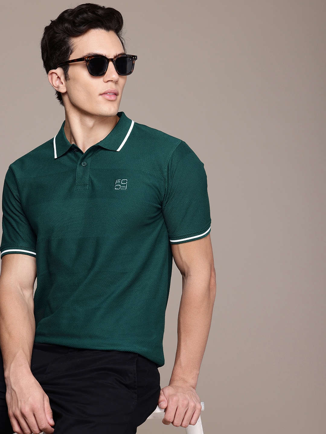 

French Connection Textured Polo Collar Pure Cotton Slim Fit T-shirt, Olive