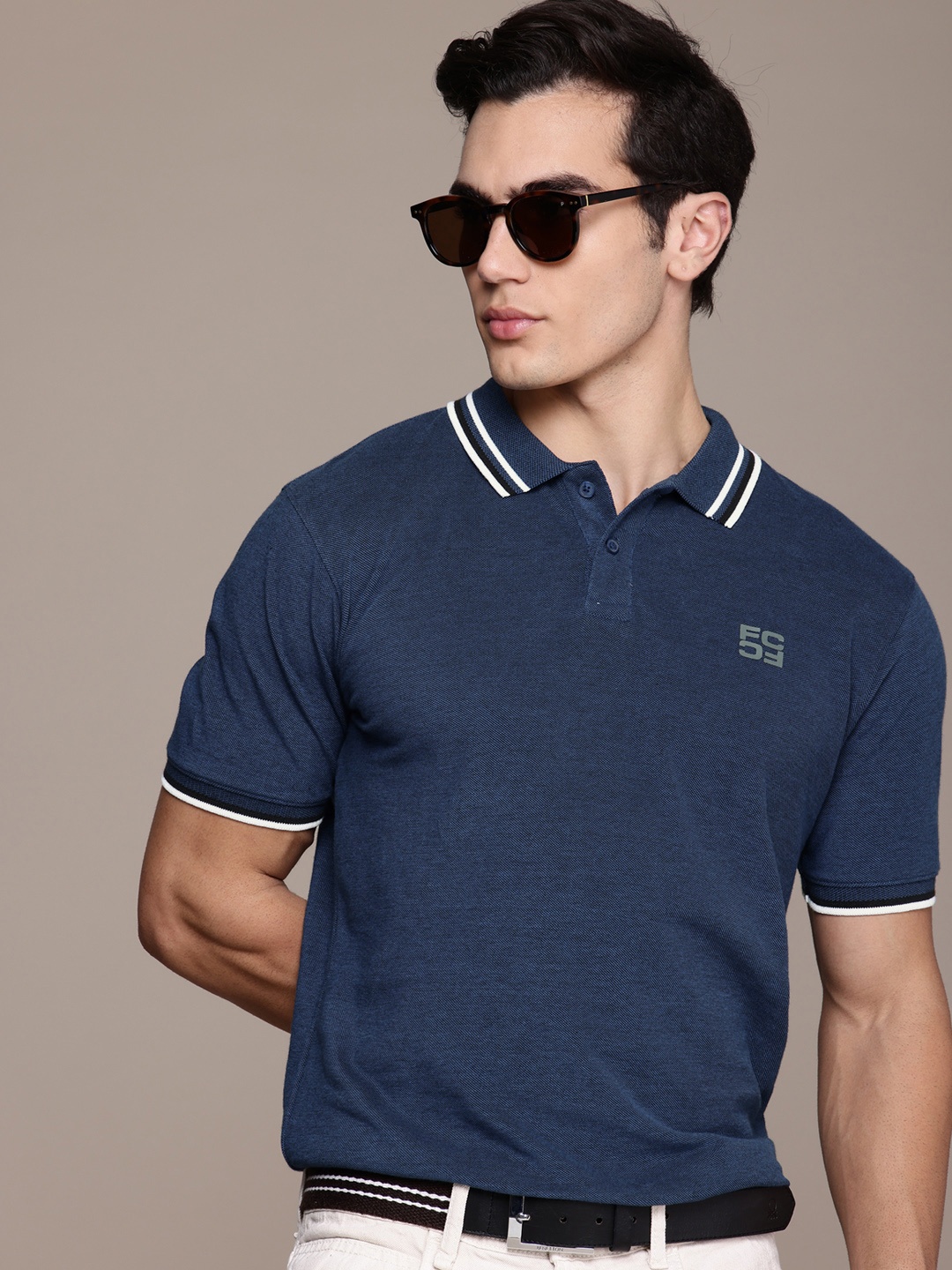 

French Connection Polo Collar Pure Cotton T-shirt, Blue