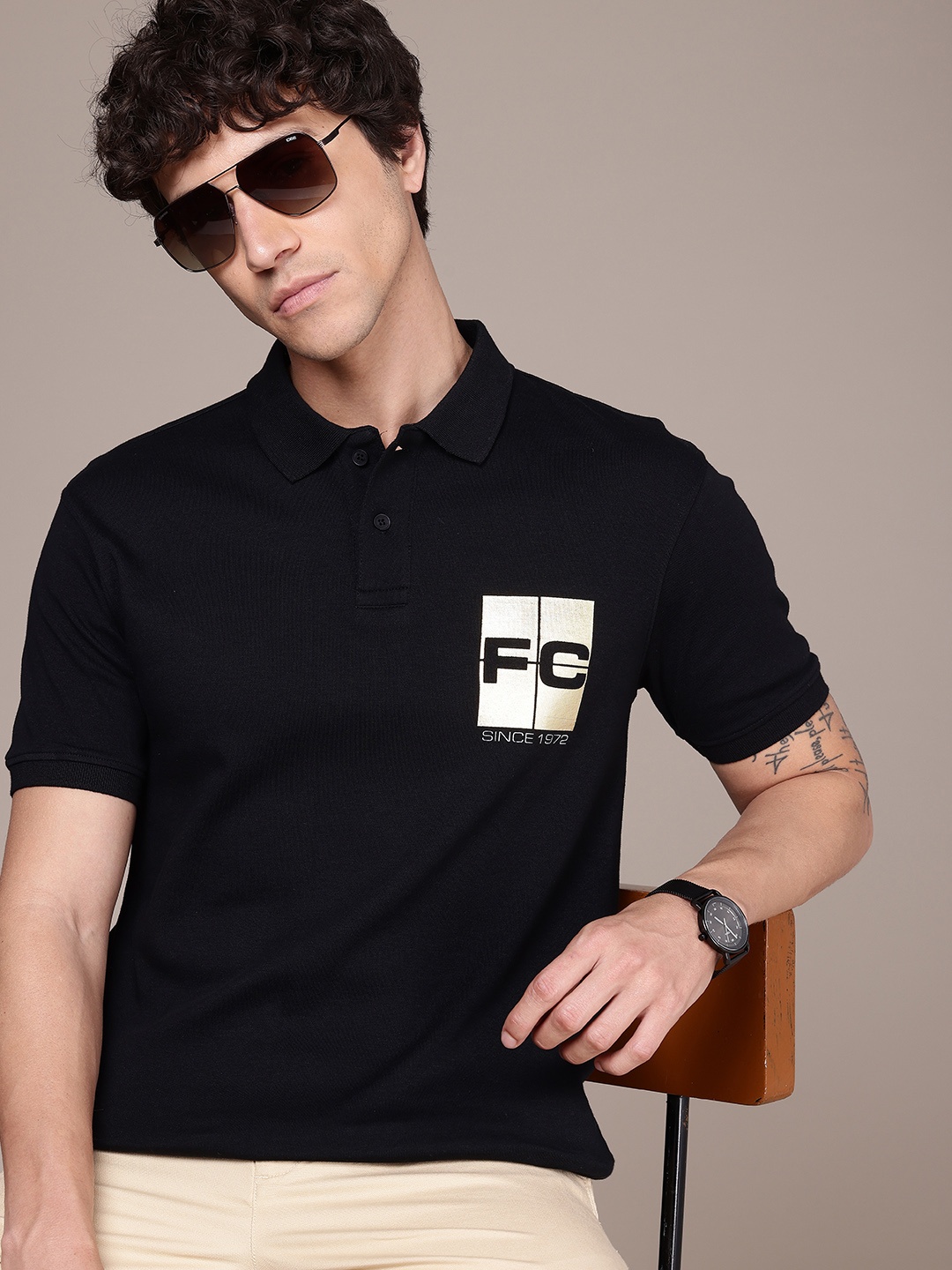 

French Connection Brand Logo Printed Polo Collar Pure Cotton Casual T-shirt, Black
