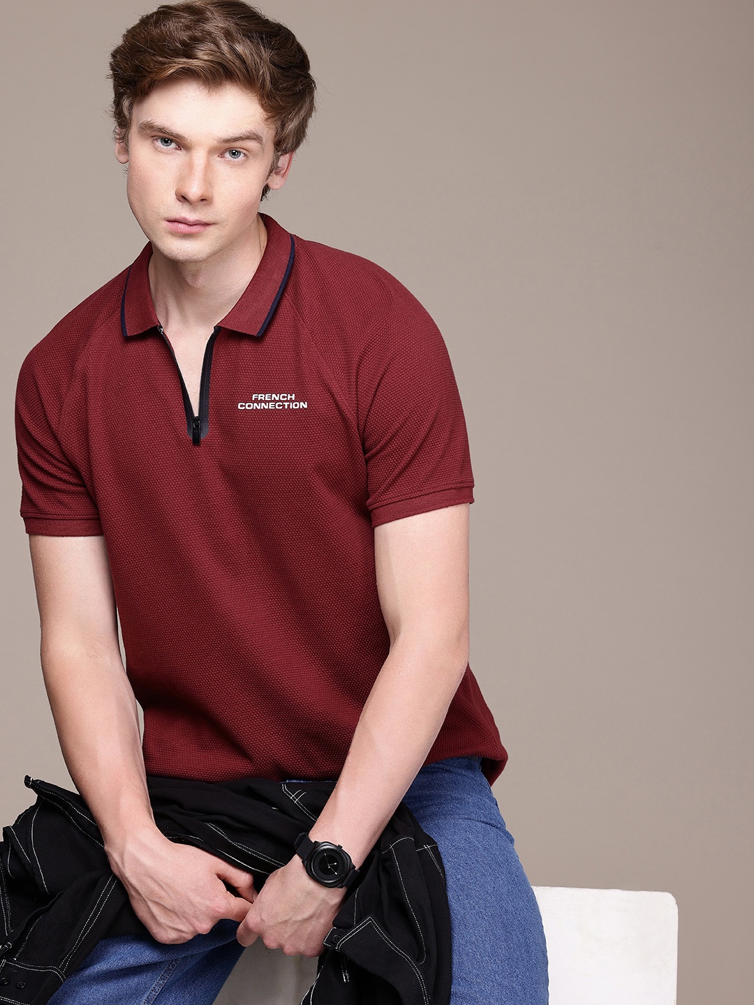 

French Connection Self Designed Polo Collar Pure Cotton T-shirt, Maroon