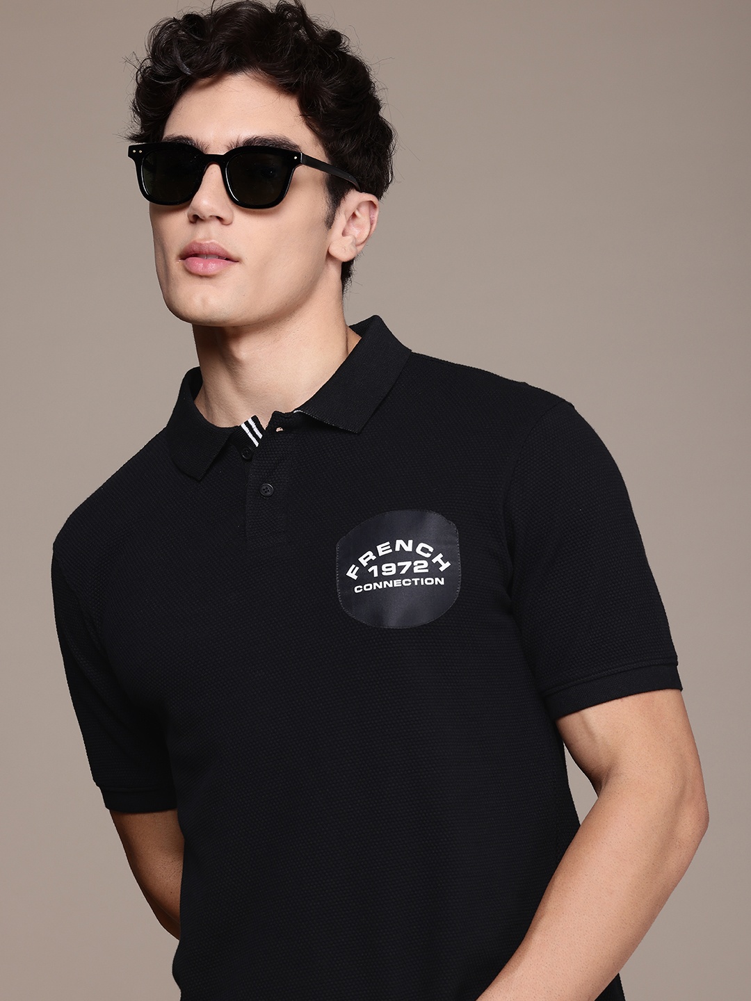 

French Connection Textured Polo Collar Pure Cotton T-shirt, Black