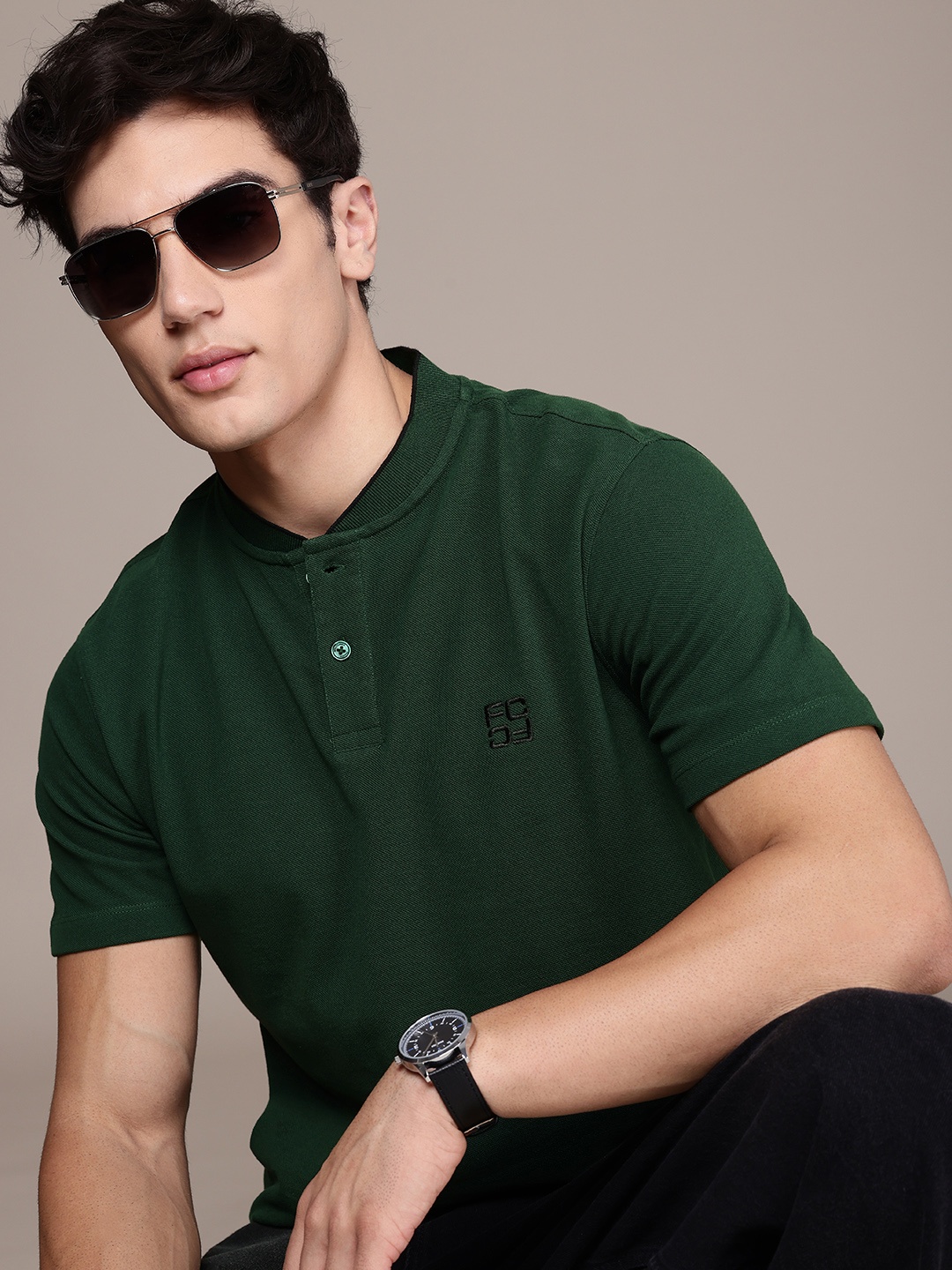 

French Connection Mandarin Collar Pure Cotton T-shirt, Green