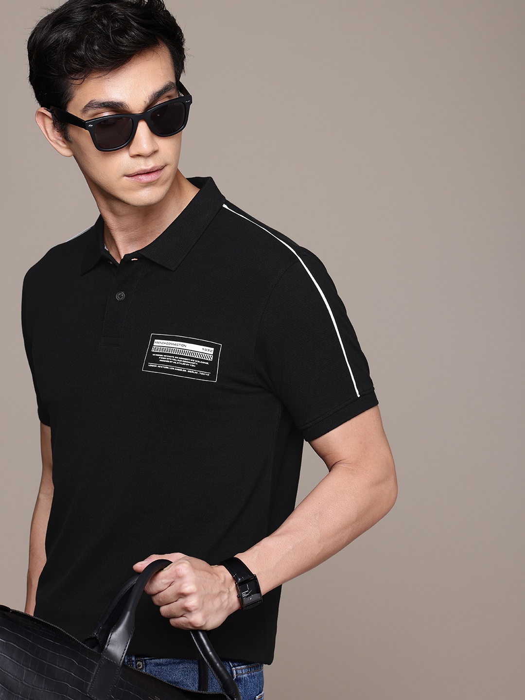 

French Connection Polo Collar Pure Cotton T-shirt, Black