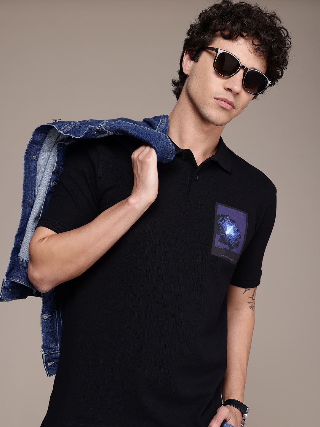 

French Connection Polo Collar Pure Cotton T-shirt, Black