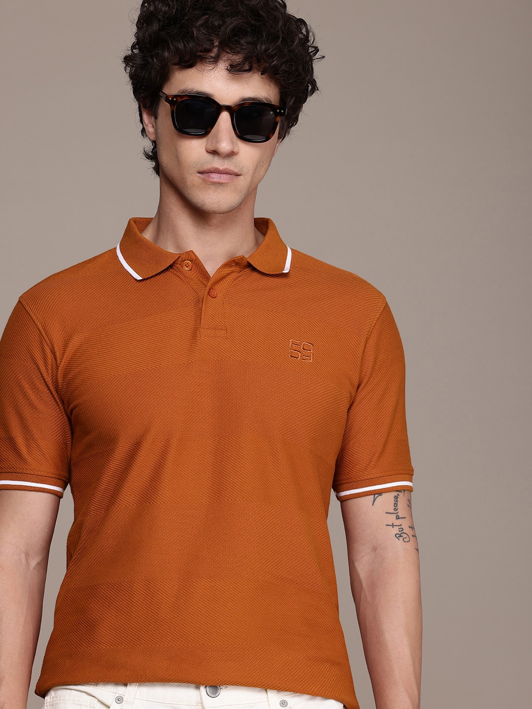 

French Connection Textured Polo Collar Pure Cotton T-shirt, Rust