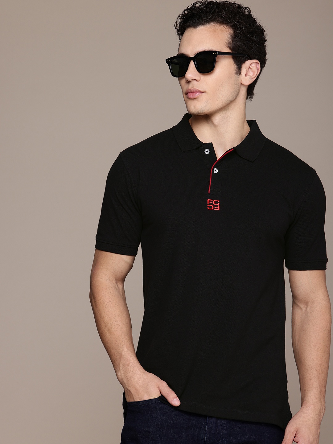 

French Connection Solid Polo Collar Pure Cotton Casual T-shirt, Black