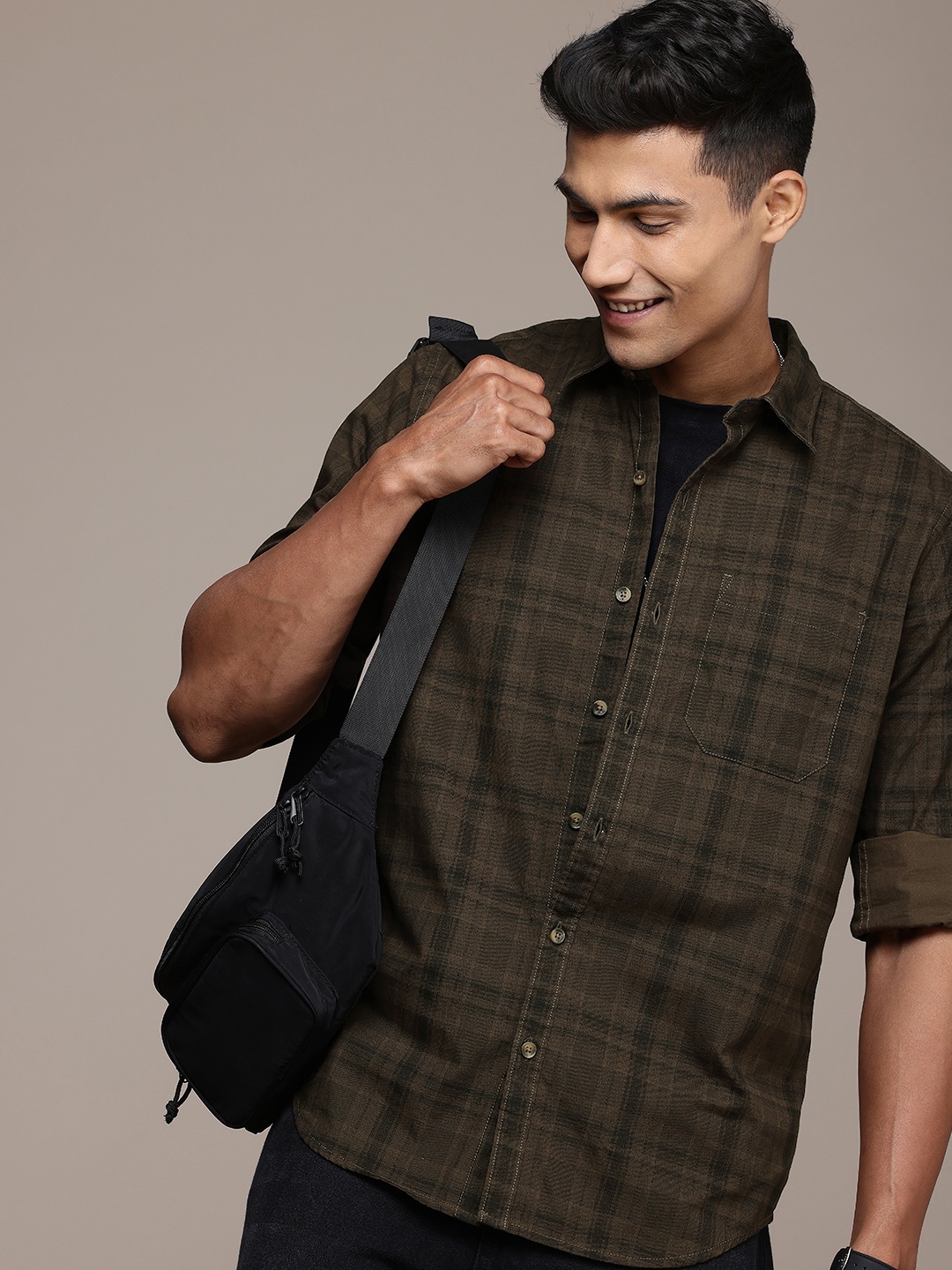 

WROGN Pure Cotton Opaque Checked Casual Shirt, Olive