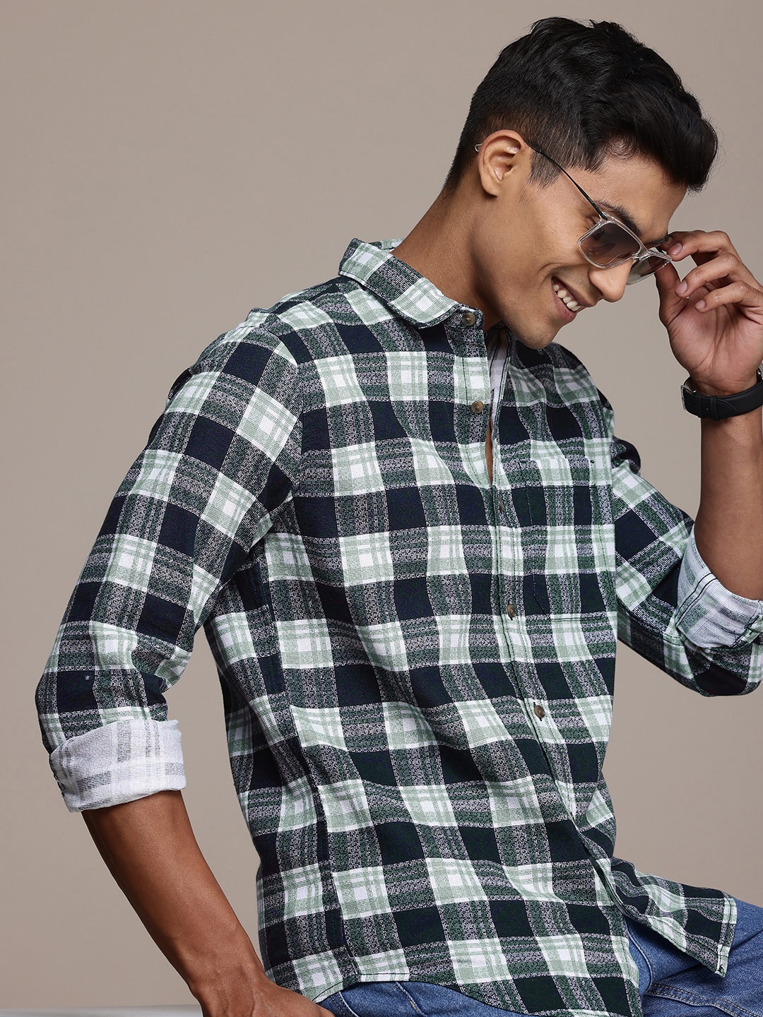 

WROGN Pure Cotton Tartan Checks Opaque Casual Shirt, Black