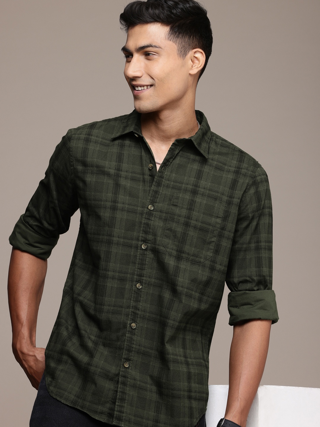 

WROGN Pure Cotton Opaque Checked Casual Shirt, Olive