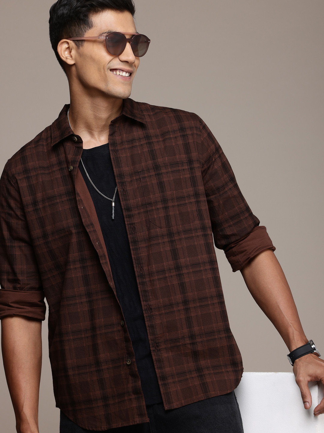 

WROGN Pure Cotton Opaque Checked Casual Shirt, Brown