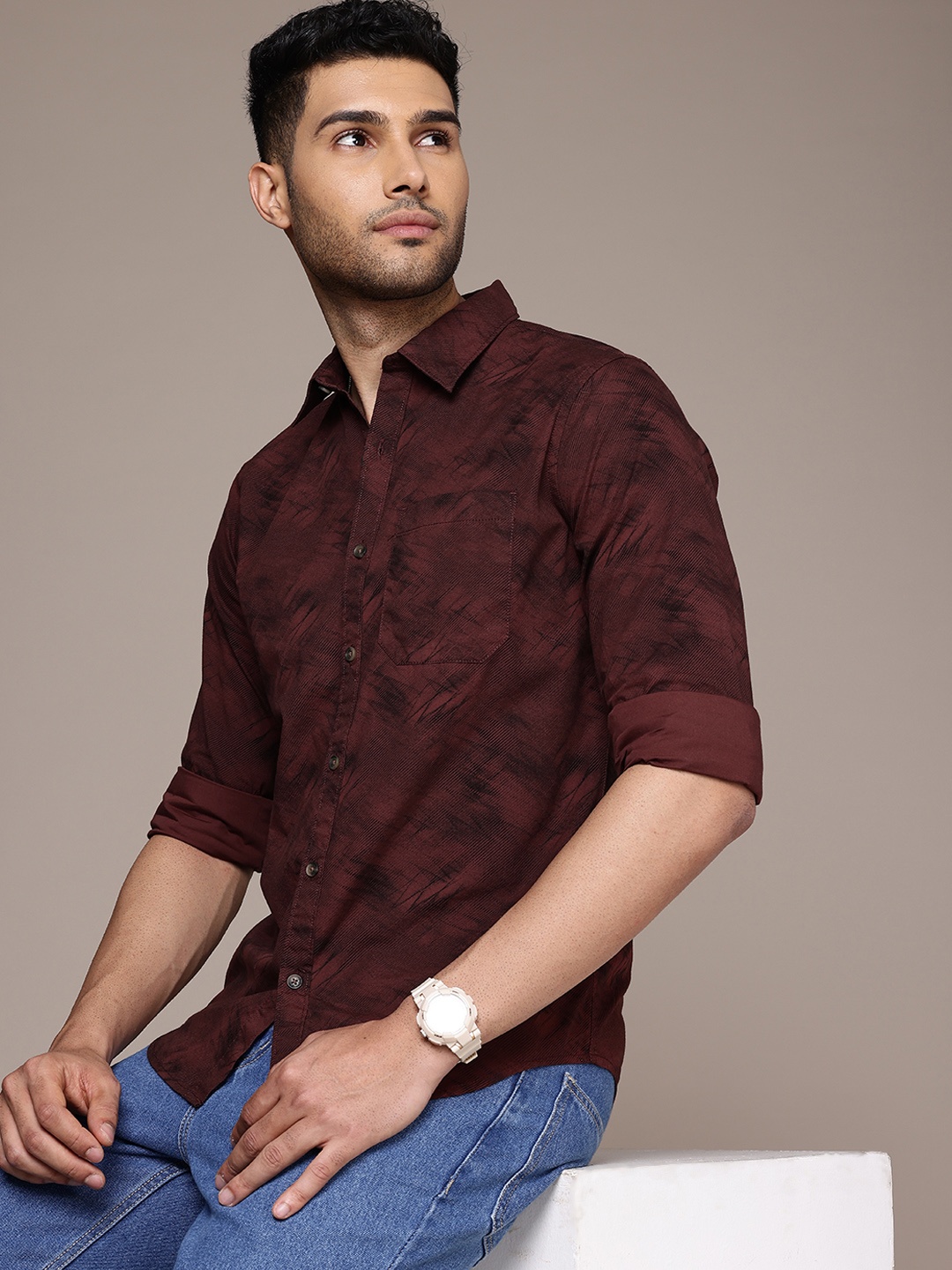 

WROGN Pure Cotton Printed Casual Shirt, Brown
