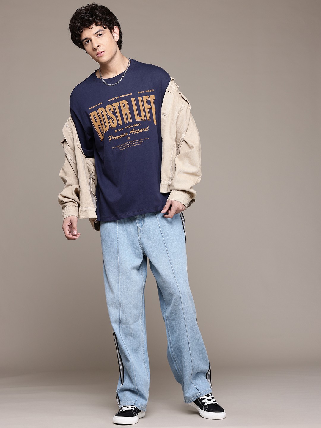 

The Roadster Lifestyle Co. Pure Cotton Baggy Fit with Side Stripe Jeans, Blue