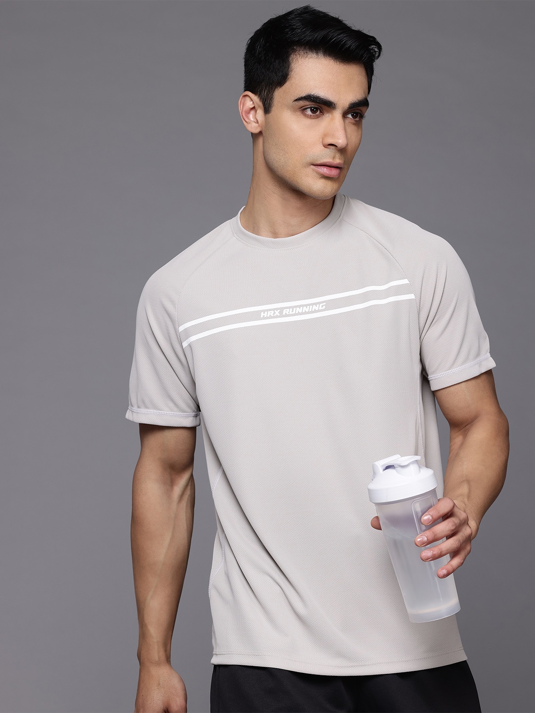 HRX by Hrithik Roshan Men Striped Rapid-Dry Running T-shirt, Grey