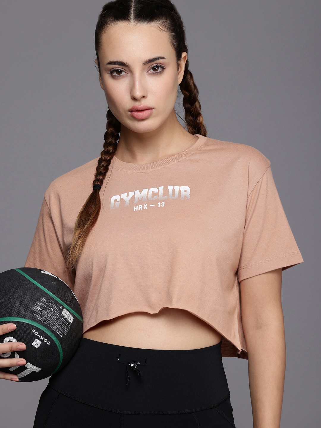 

HRX by Hrithik Roshan IRONTRIBE Printed Drop-Shoulder Boxy Training Crop T-shirt, Taupe