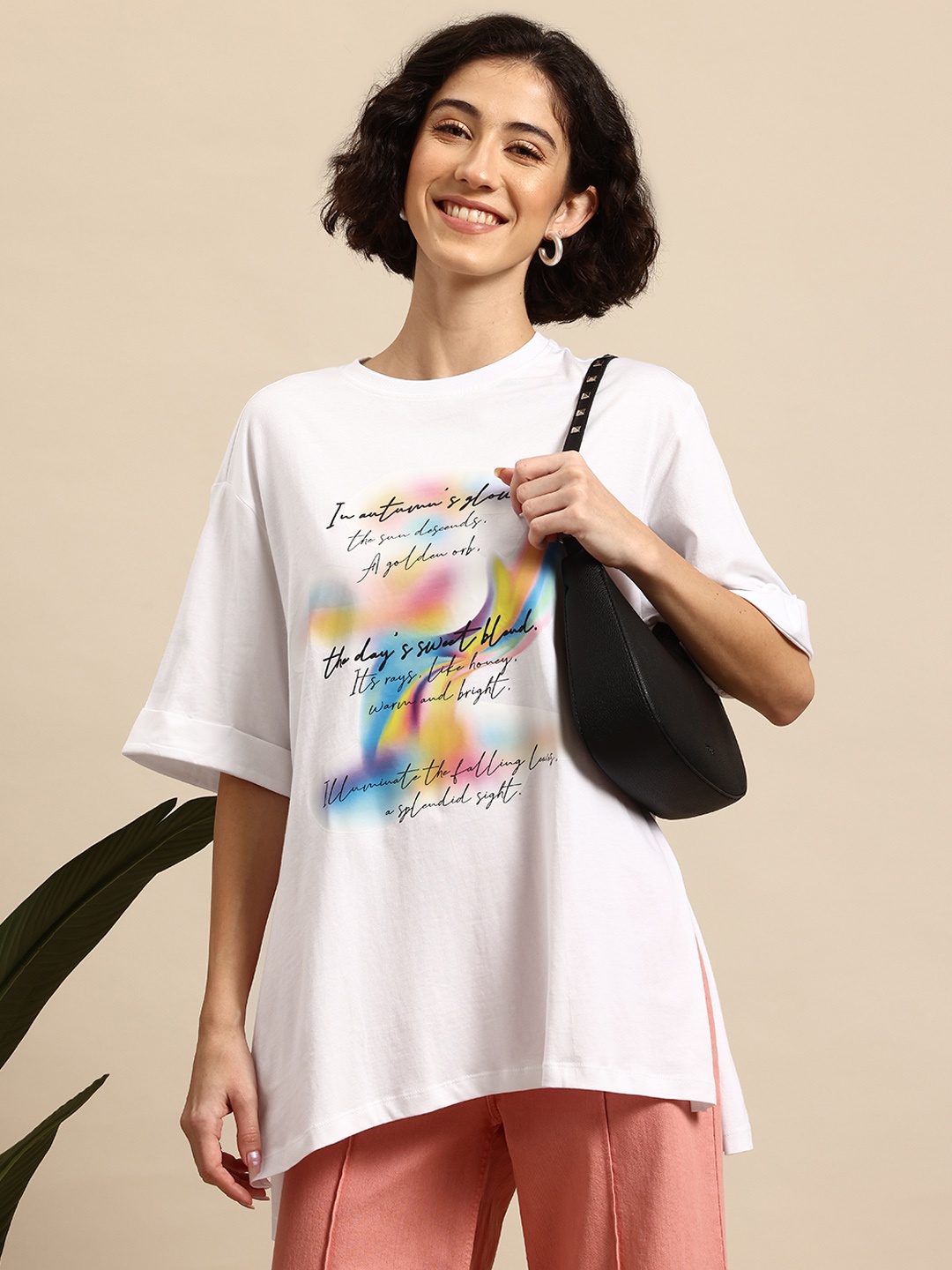 

Mast & Harbour Typography Printed Oversized Side Slit Longline T-shirt, White
