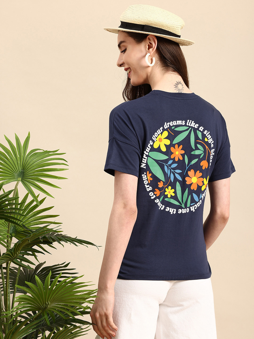 

Mast & Harbour Typography Printed Drop Shoulder Sleeves Pure Cotton Casual T-shirt, Navy blue