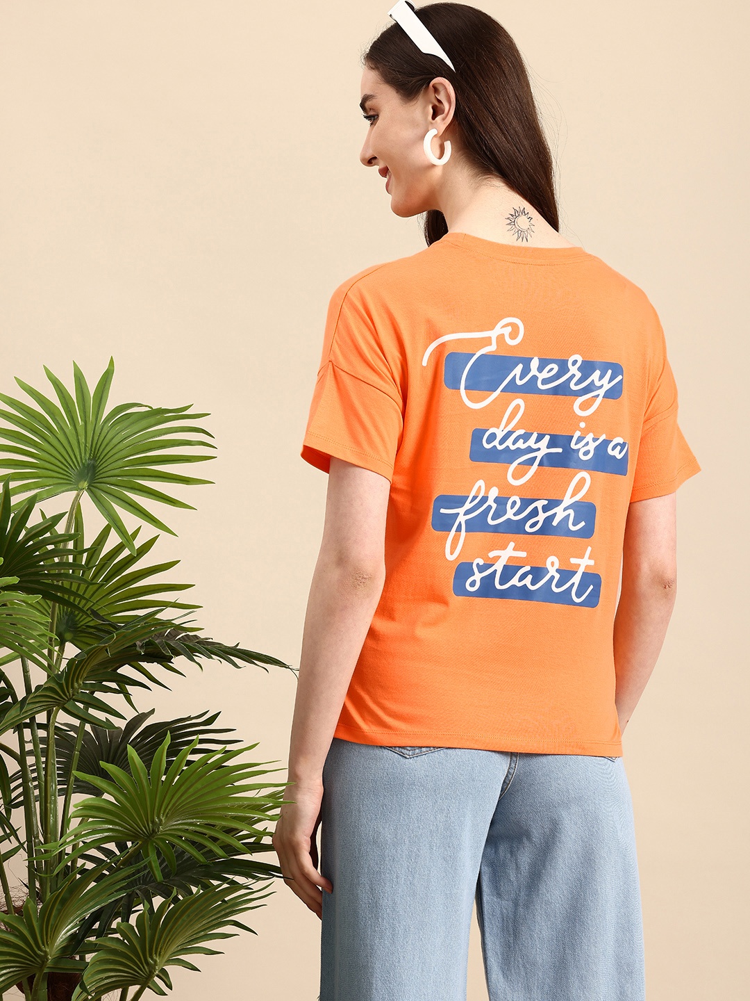 

Mast & Harbour Typography Printed Drop-Shoulder Sleeves Pure Cotton Relaxed Fit T-shirt, Orange