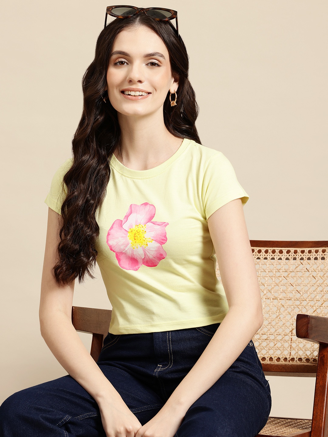 

Mast & Harbour Floral Printed Pure Cotton Crop T-shirt, Yellow