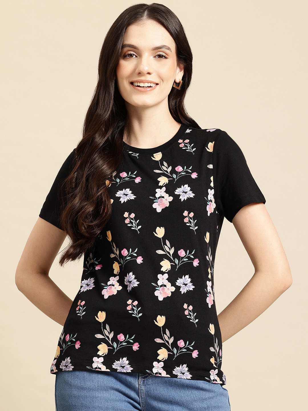 

Mast & Harbour Pure Cotton Floral Printed T-shirt, Black