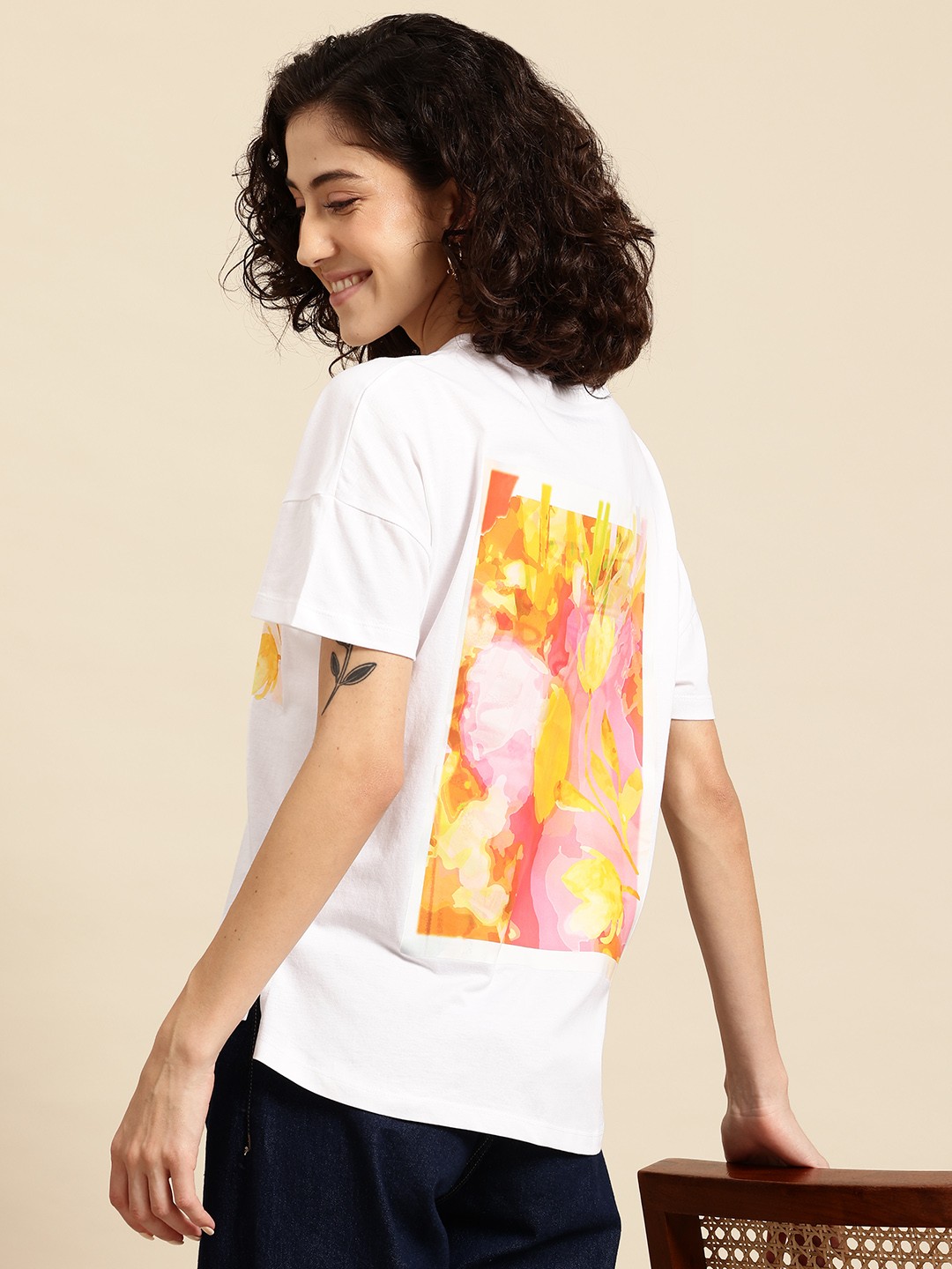 

Mast & Harbour Floral Printed Drop-Shoulder Sleeves Pure Cotton T-shirt, White