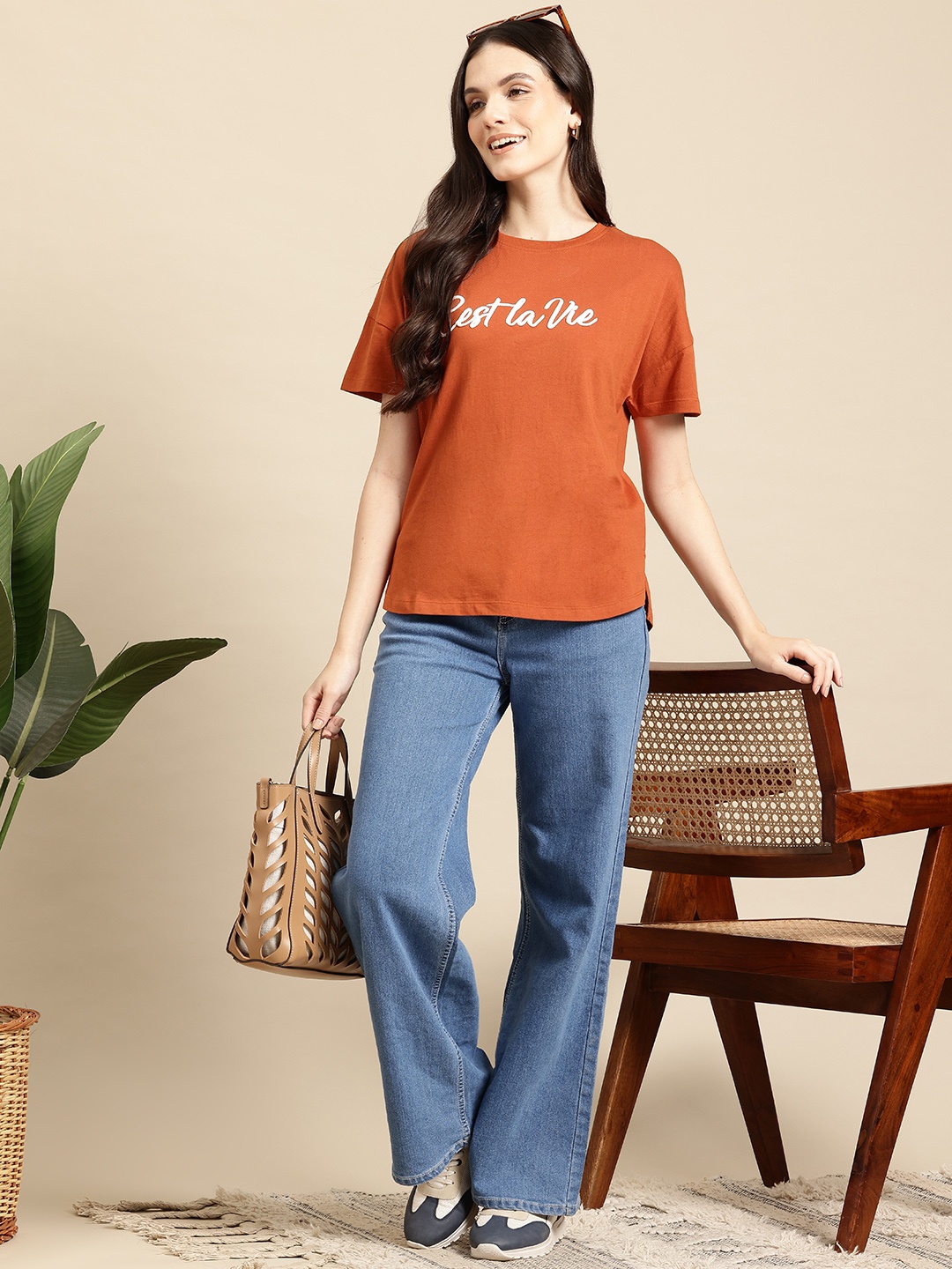 

Mast & Harbour Typography Embossed Drop-Shoulder Sleeves Pure Cotton T-shirt, Rust