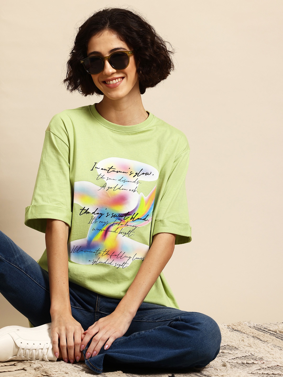 

Mast & Harbour Typography Printed Oversized Side Slit Longline T-shirt, Green