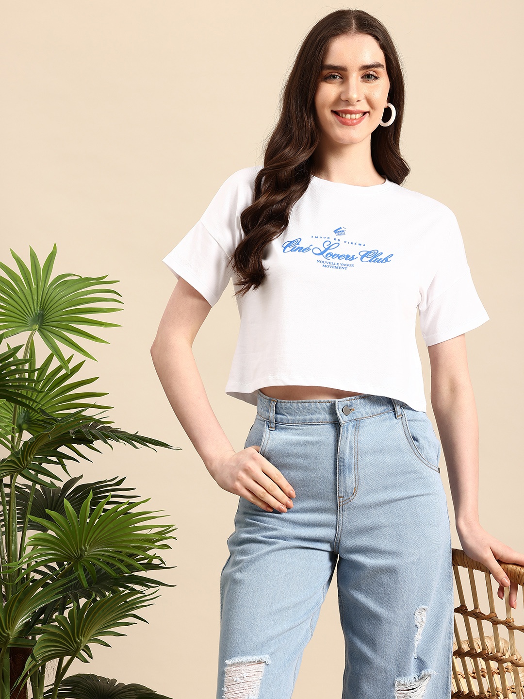 

Mast & Harbour Typography Printed Drop-Shoulder Sleeves Pure Cotton Boxy Crop T-shirt, White