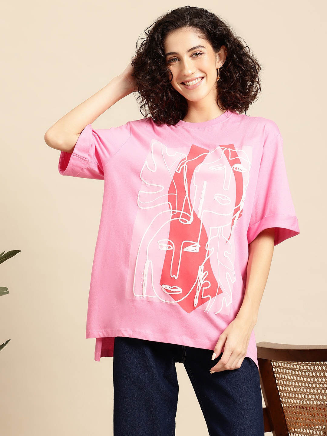 

Mast & Harbour Conversational Print Drop-Shoulder Sleeves Pure Cotton T-shirt, Pink