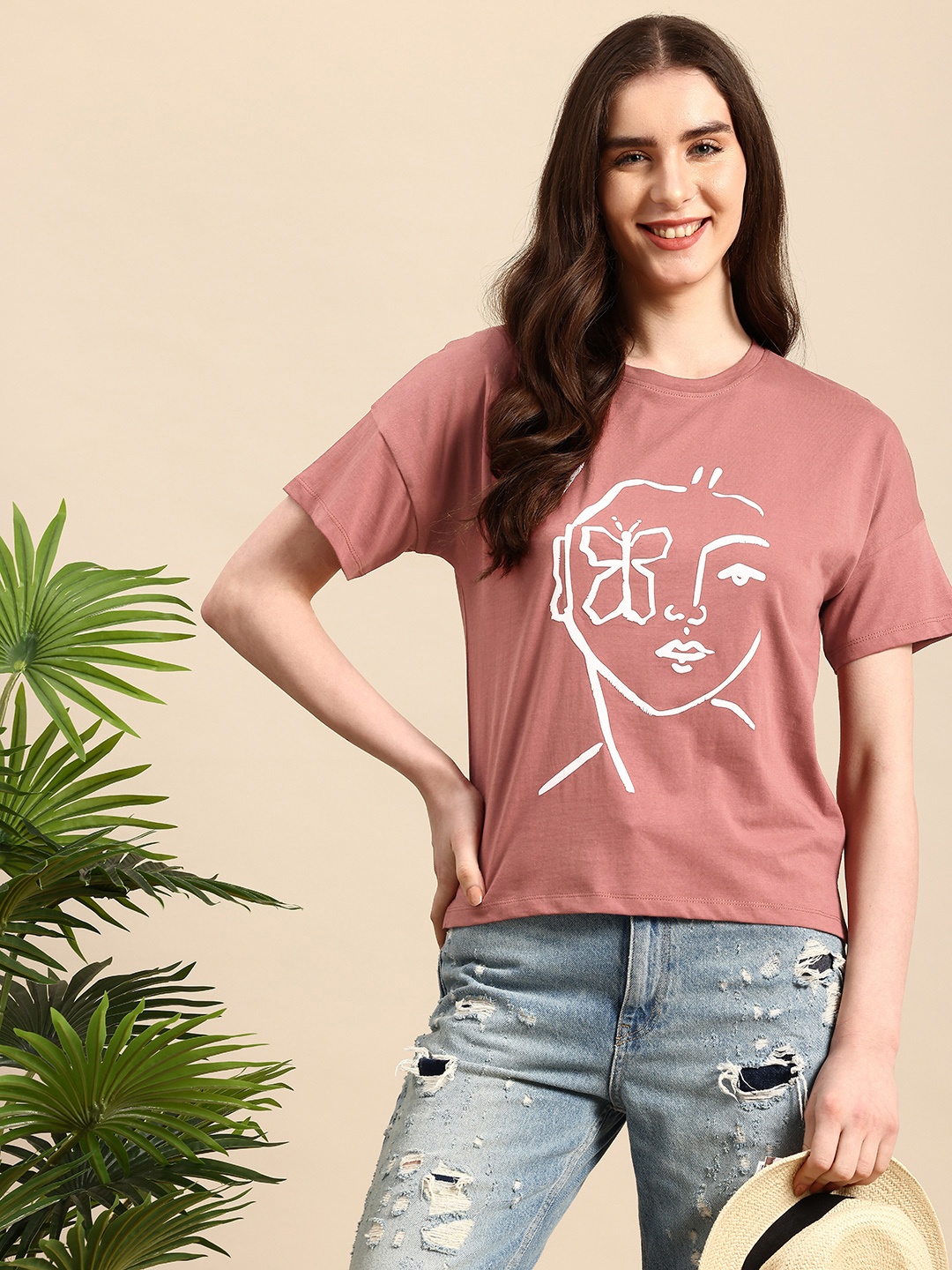

Mast & Harbour Printed Drop-Shoulder Sleeves Relaxed Fit Pure Cotton T-shirt, Mauve