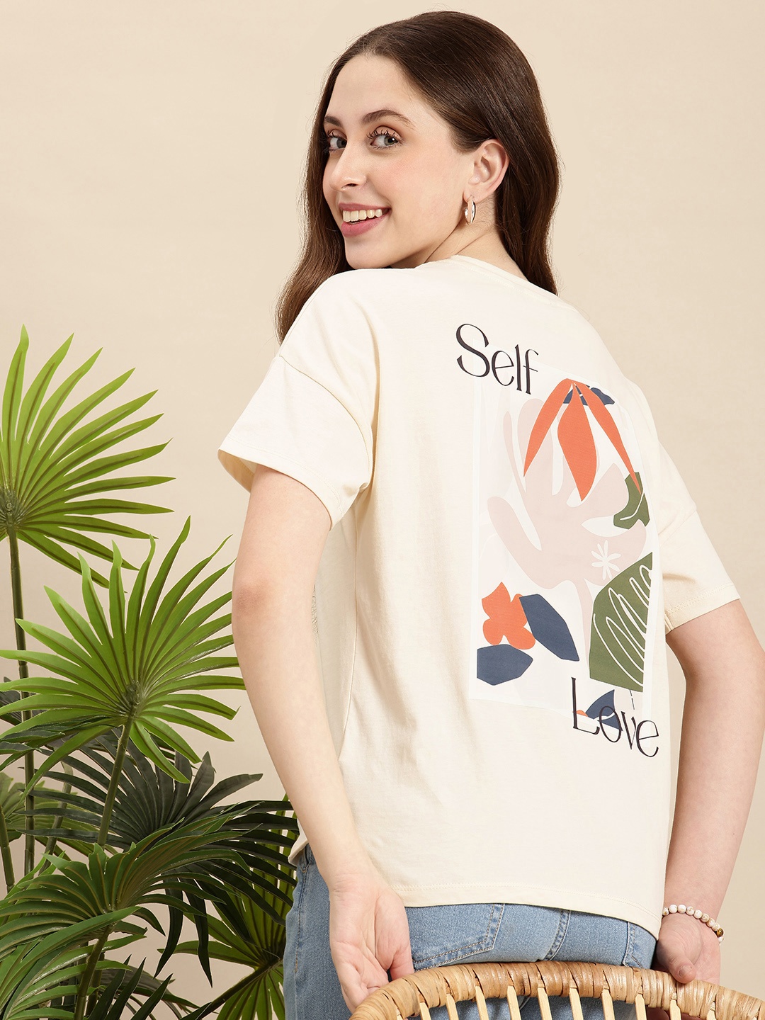 

Mast & Harbour Pure Cotton Graphic Printed Drop-Shoulder Sleeves Relaxed Fit T-shirt, Cream