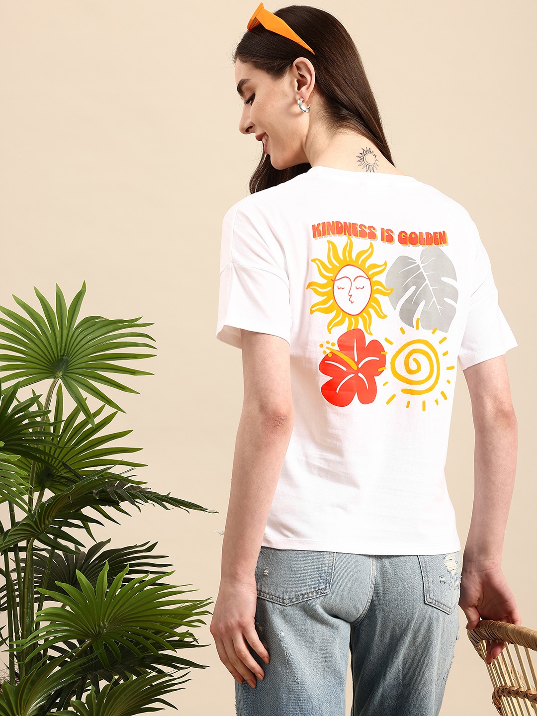 

Mast & Harbour Printed Drop-Shoulder Sleeves Relaxed Fit Pure Cotton T-shirt, White