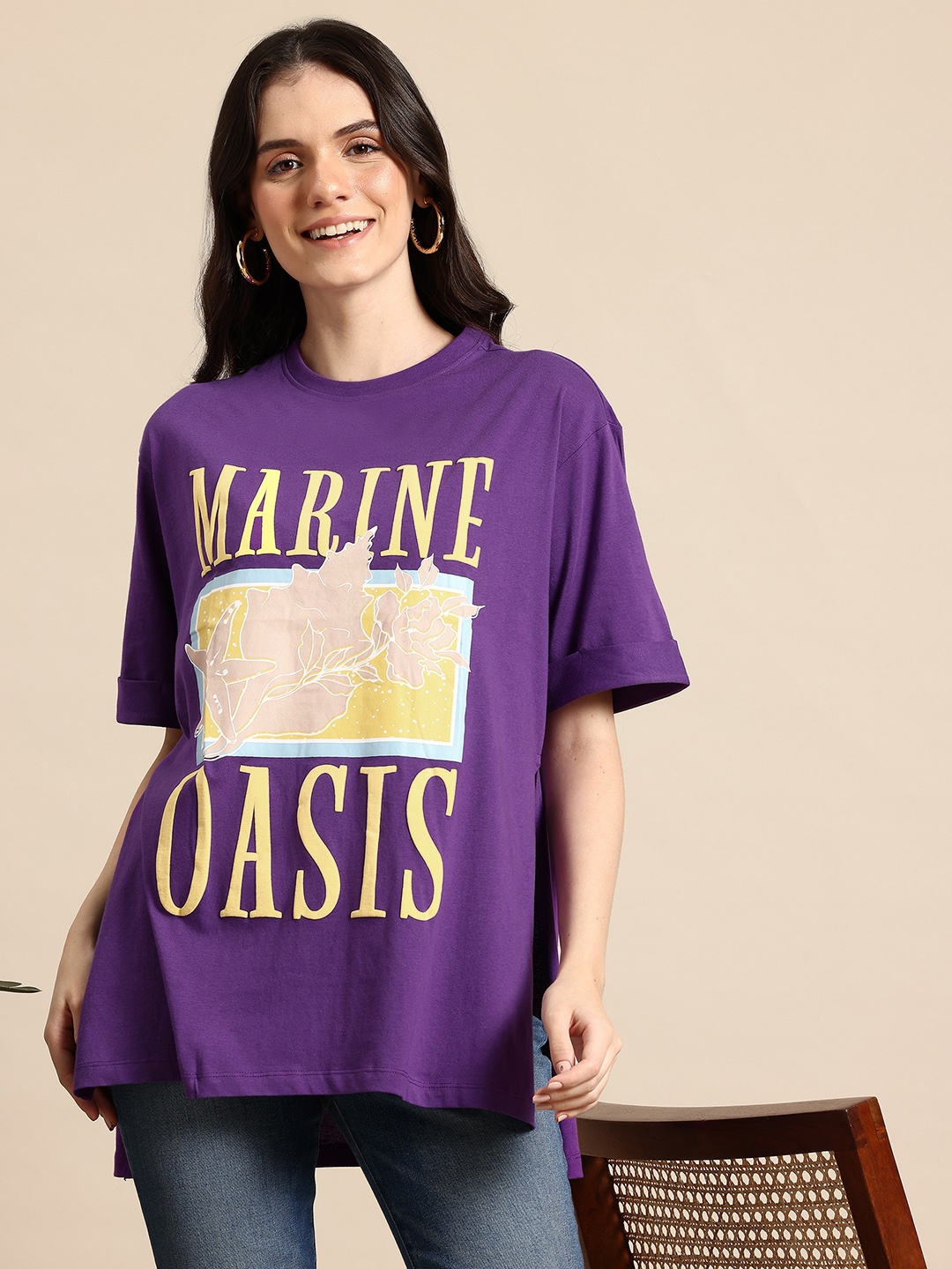 

Mast & Harbour Pure Cotton Typography Printed Side Slit T-shirt, Purple