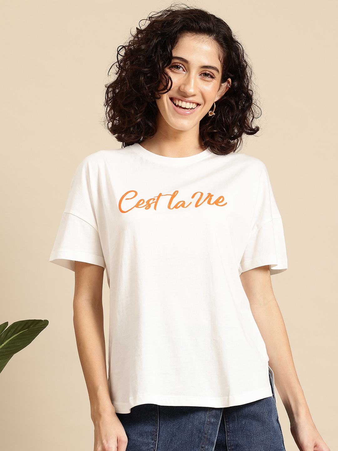 

Mast & Harbour Printed Drop-Shoulder Sleeves Pure Cotton T-shirt, White