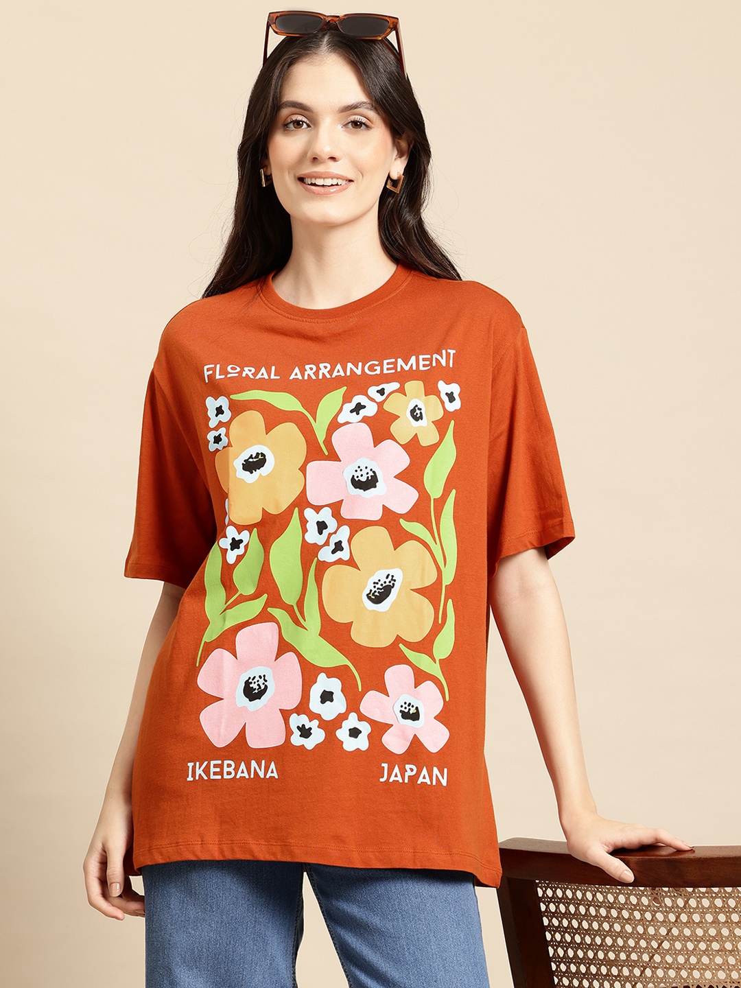 

Mast & Harbour Women Floral Printed Drop-Shoulder Sleeves Pure Cotton T-shirt, Rust