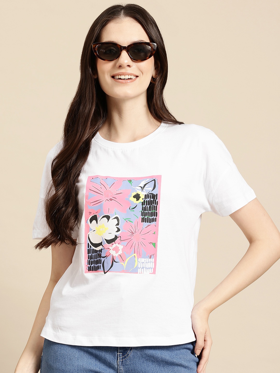 

Mast & Harbour Women Floral Printed Pure Cotton T-shirt, White