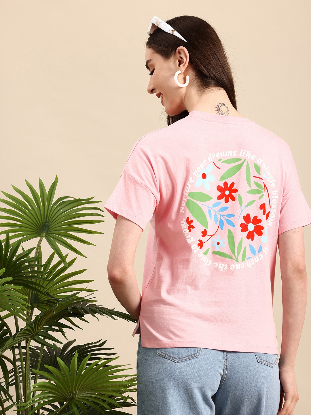 

Mast & Harbour Floral Printed Drop-Shoulder Sleeves Pure Cotton Casual T-shirt, Pink