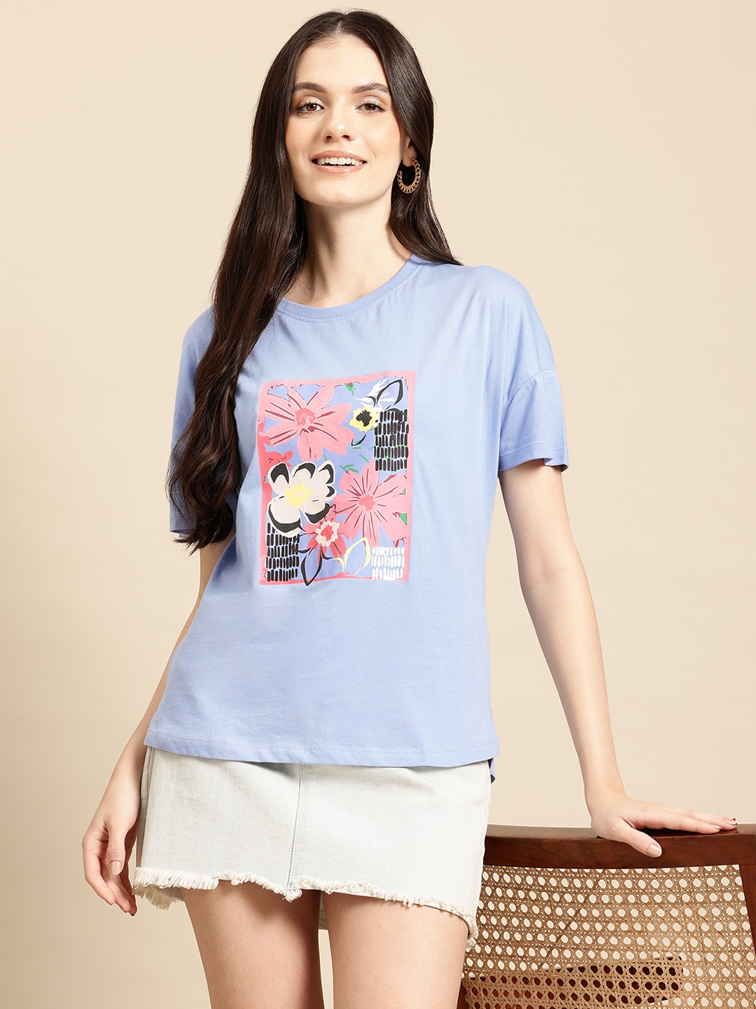 

Mast & Harbour Women Floral Printed Pure Cotton T-shirt, Blue