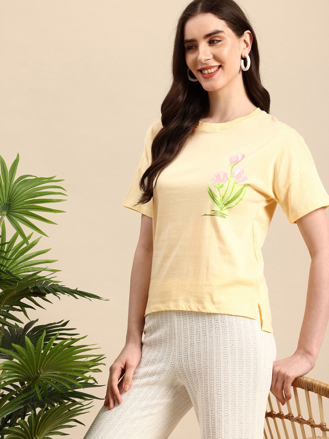 

Mast & Harbour Floral Printed Drop-Shoulder Sleeves Pure Cotton Casual T-shirt, Yellow