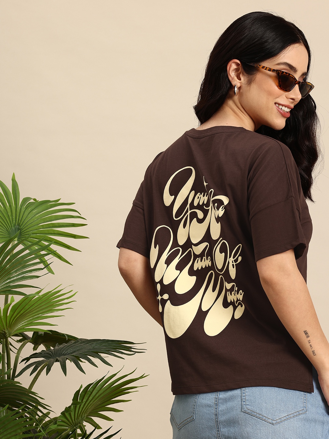 

Mast & Harbour Pure Cotton Typography Printed Relaxed Fit T-shirt, Brown