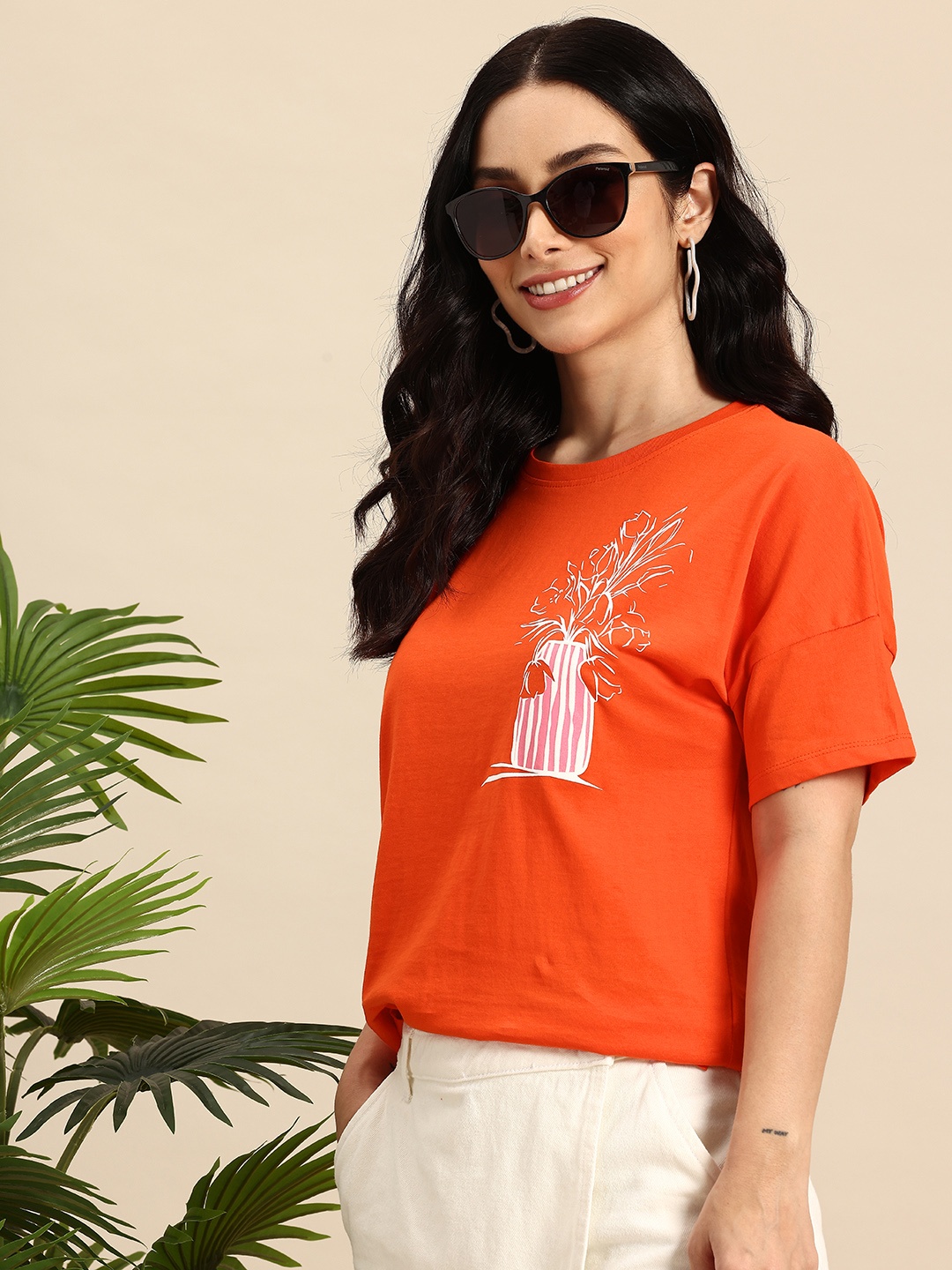

Mast & Harbour Pure Cotton Floral Printed Drop-Shoulder Sleeves Relaxed Fit T-shirt, Orange