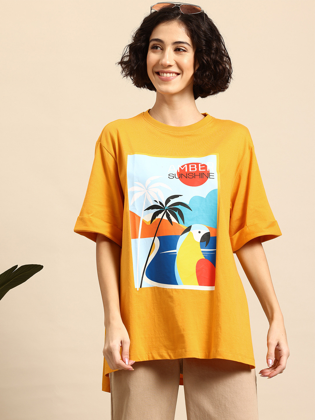 

Mast & Harbour Graphic Print Drop-Shoulder Sleeves Pure Cotton T-shirt, Orange