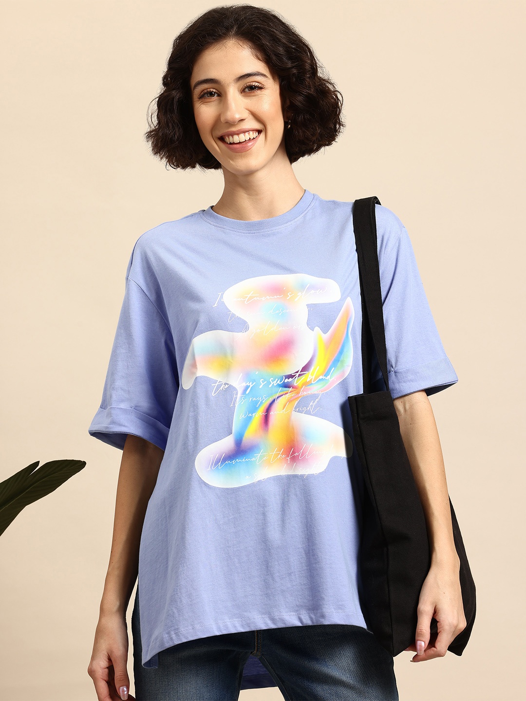 

Mast & Harbour Typography Print Drop-Shoulder Sleeves Pure Cotton T-shirt, Blue