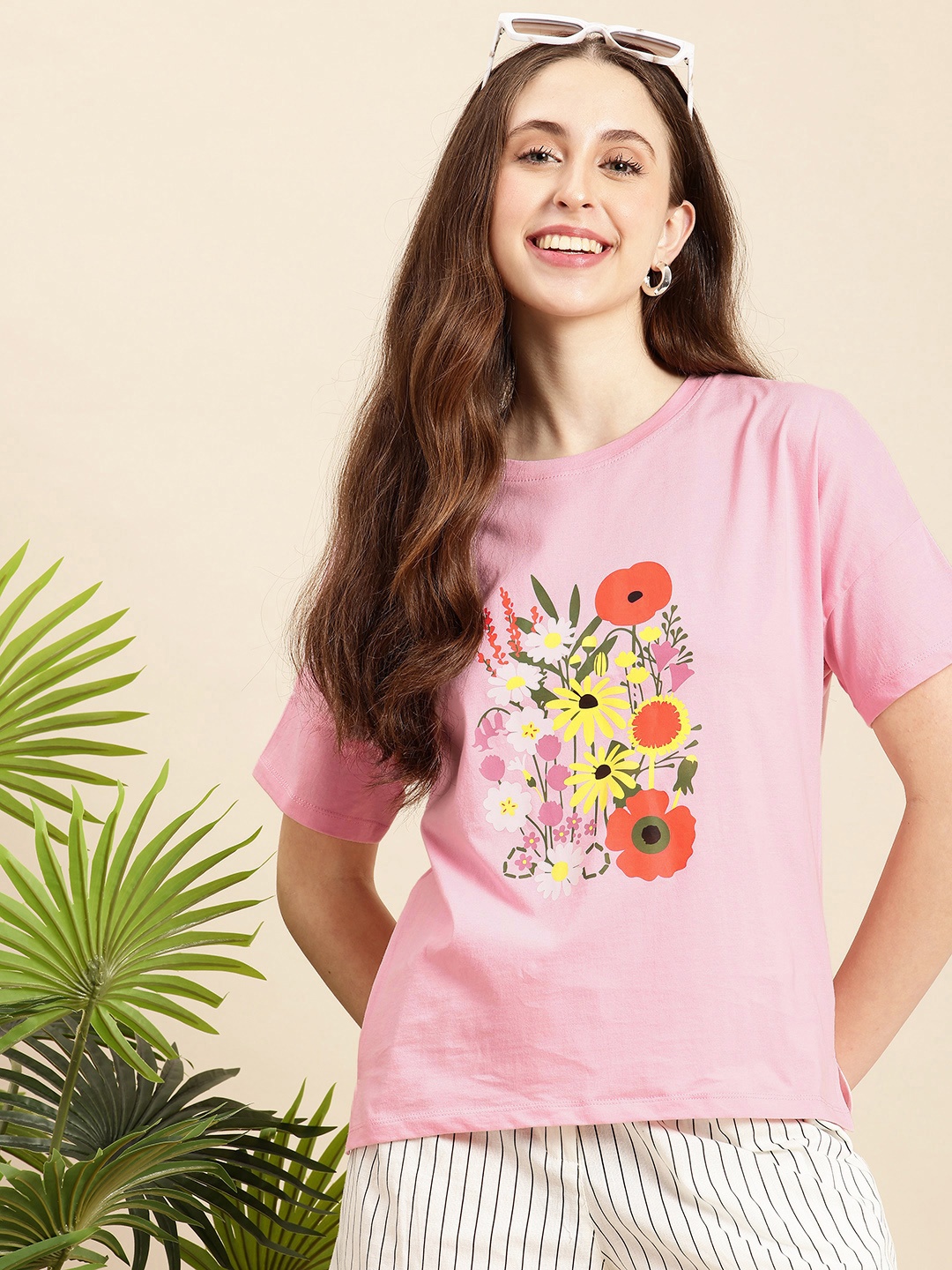 

Mast & Harbour Pure Cotton Floral Printed Drop-Shoulder Sleeves Relaxed Fit T-shirt, Pink