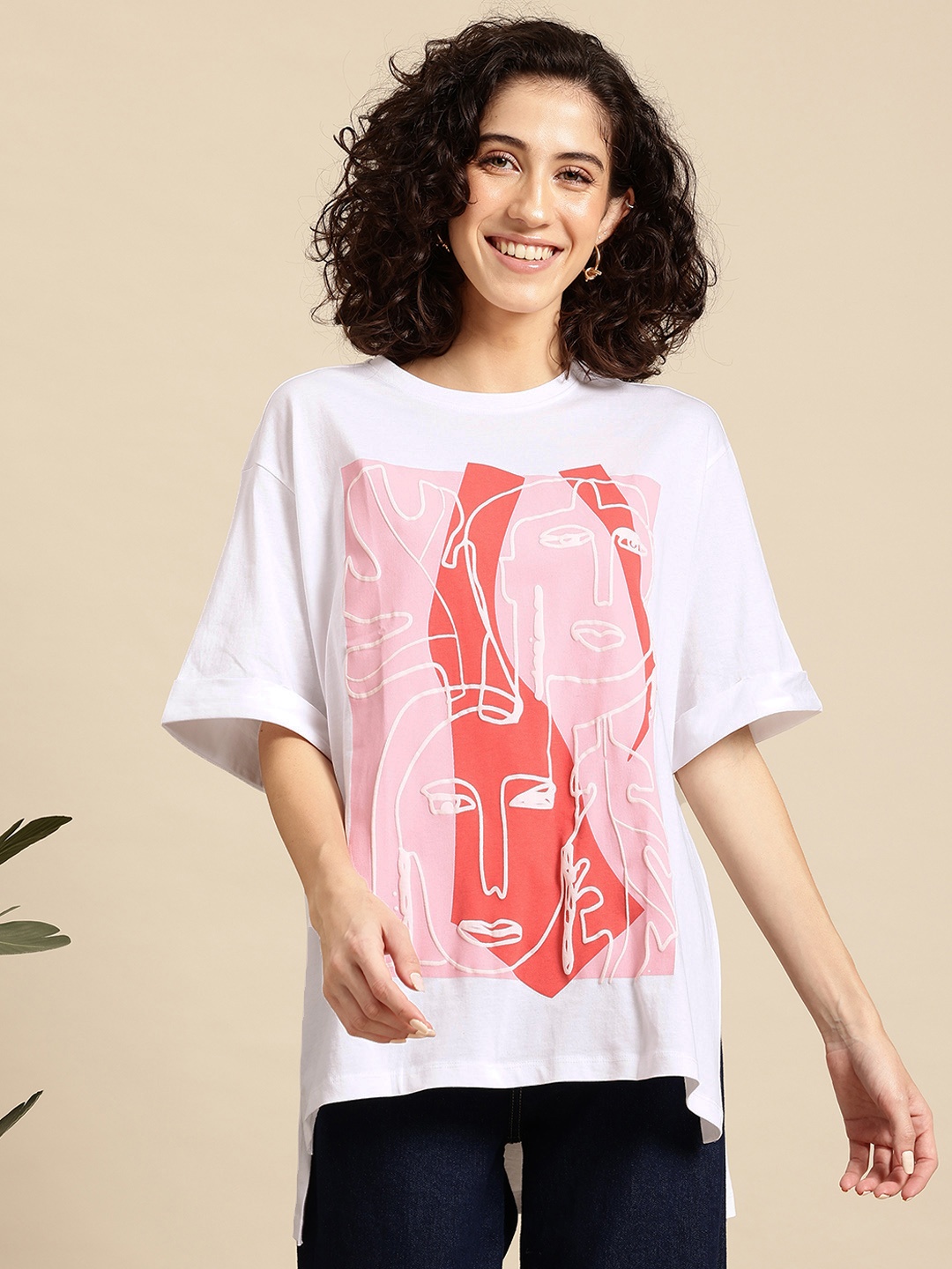 

Mast & Harbour Women Typography Printed Pure Cotton Oversized T-shirt, White