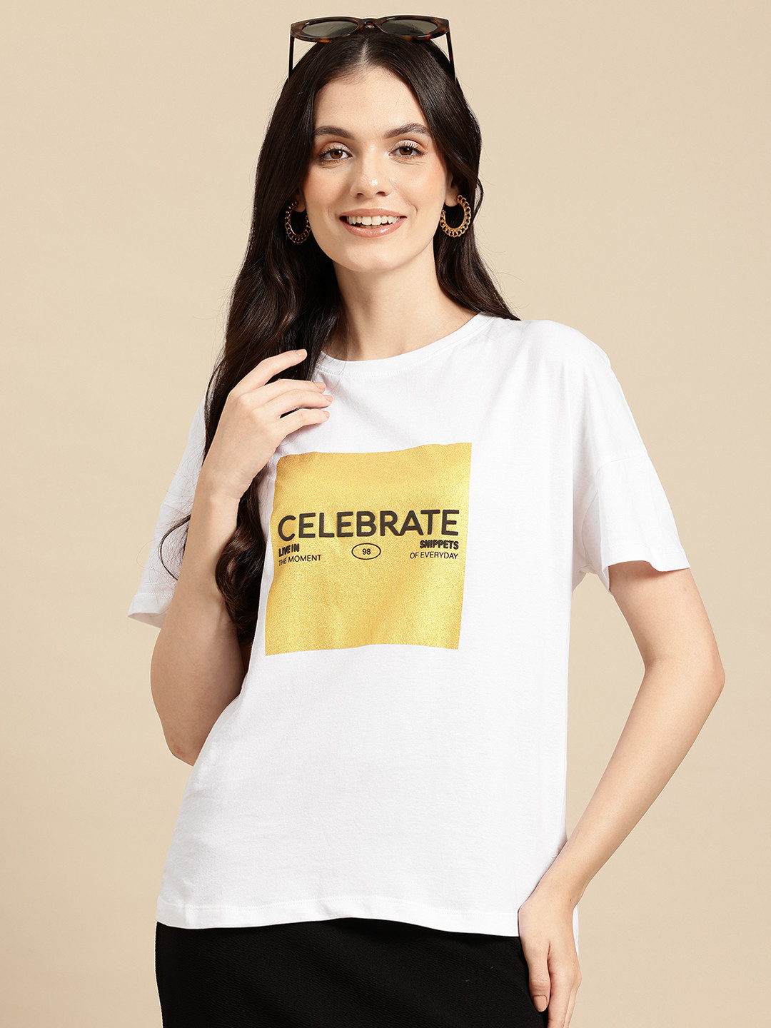 

Mast & Harbour Women Typography Printed Pure Cotton T-shirt, White